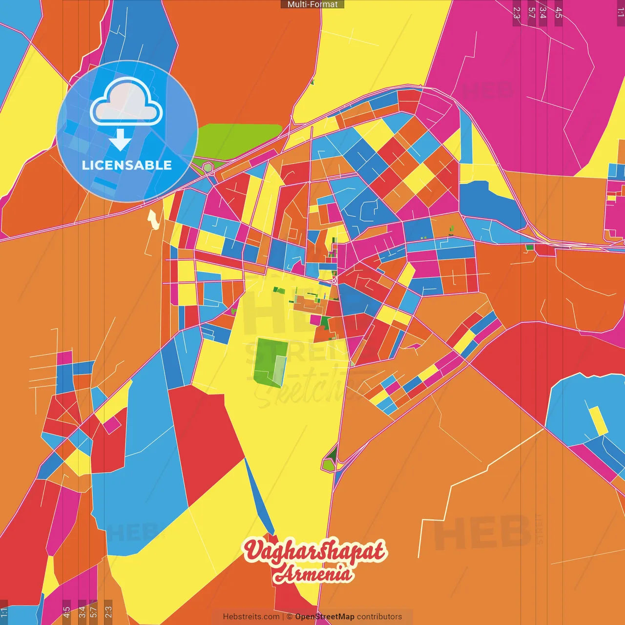Vagharshapat, Armavir, Armenia Crazy Colorful Street Map Poster Template