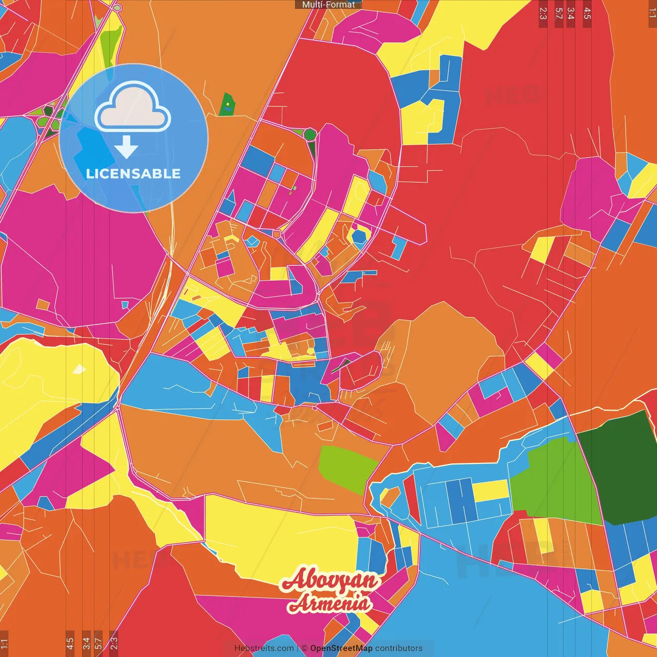 Abovyan, Kotayk, Armenia Crazy Colorful Street Map Poster Template