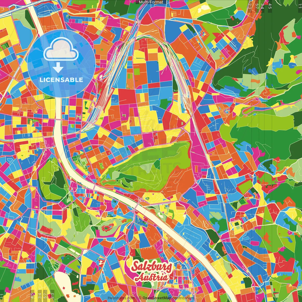 Salzburg, Salzburg, Austria Crazy Colorful Street Map Poster Template