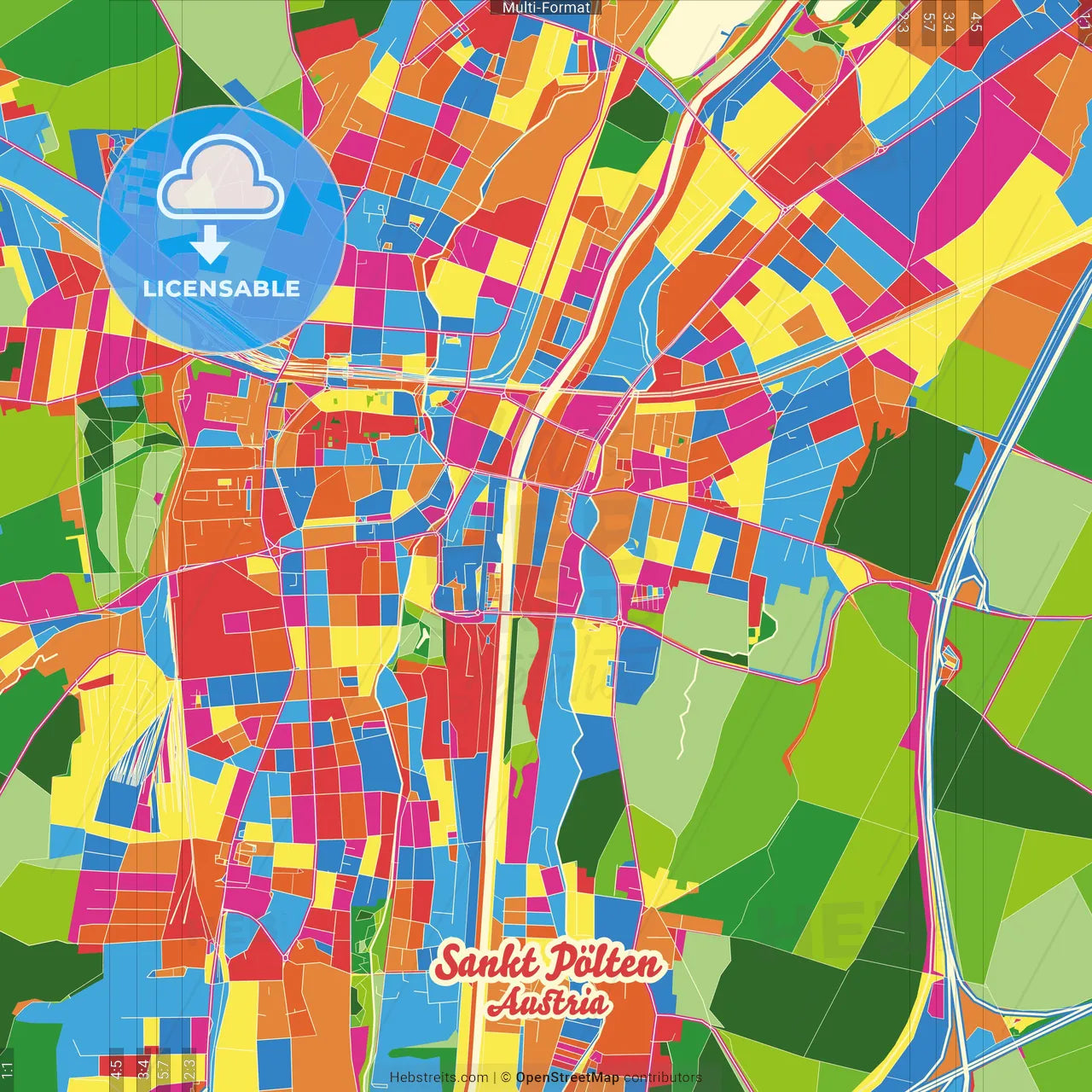 Sankt Pölten, Lower Austria, Austria Crazy Colorful Street Map Poster Template