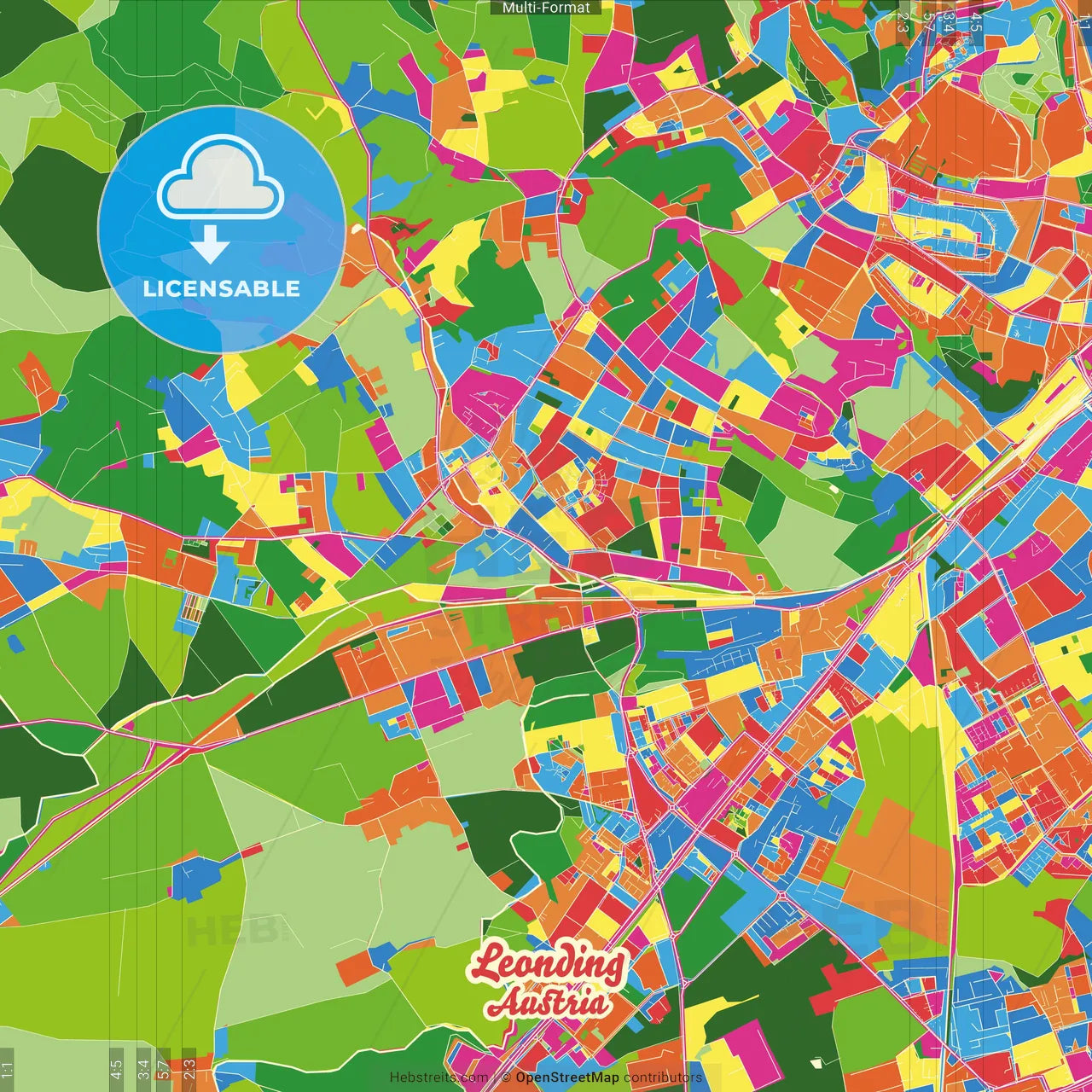 Leonding, Upper Austria, Austria Crazy Colorful Street Map Poster Template