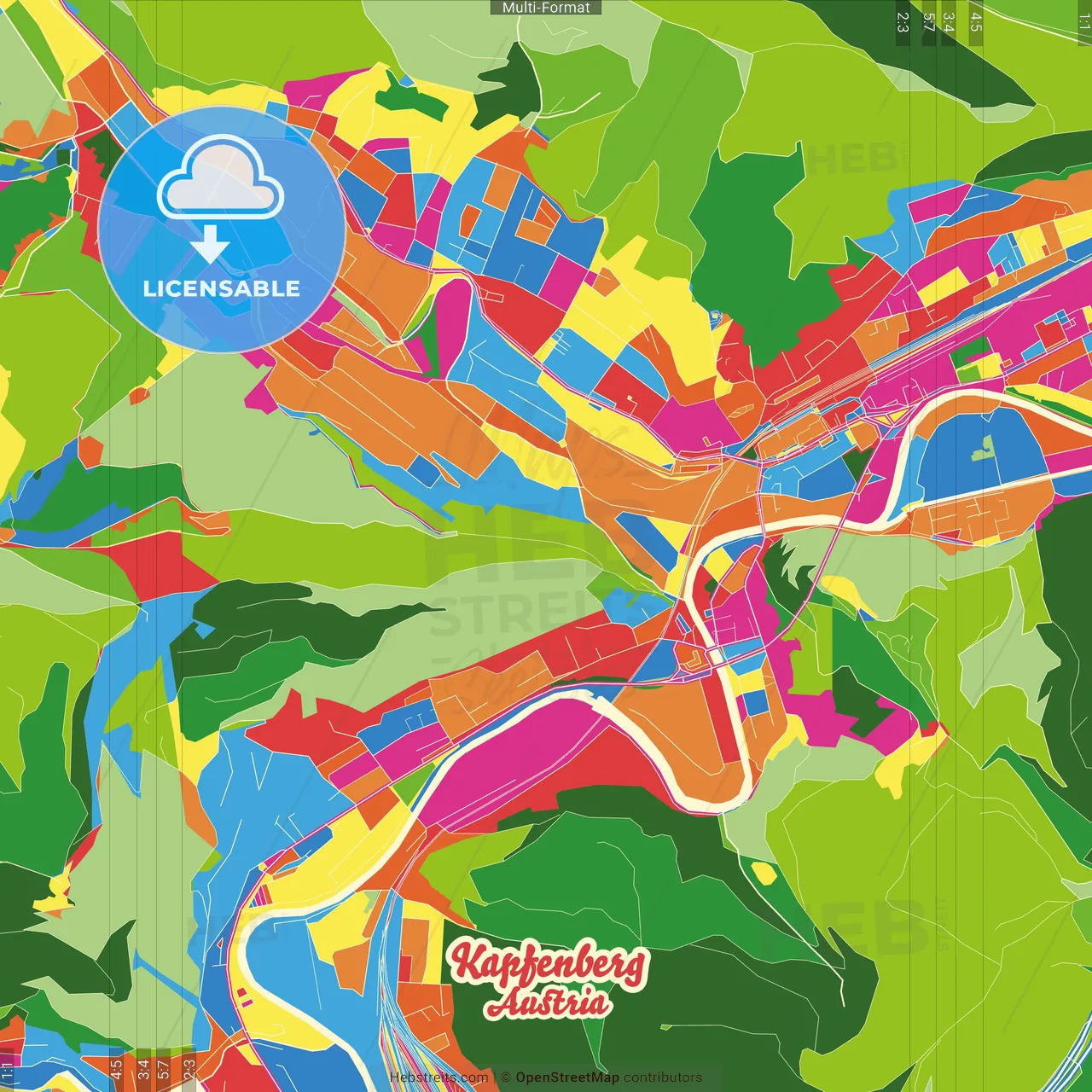 Kapfenberg, Styria, Austria Crazy Colorful Street Map Poster Template