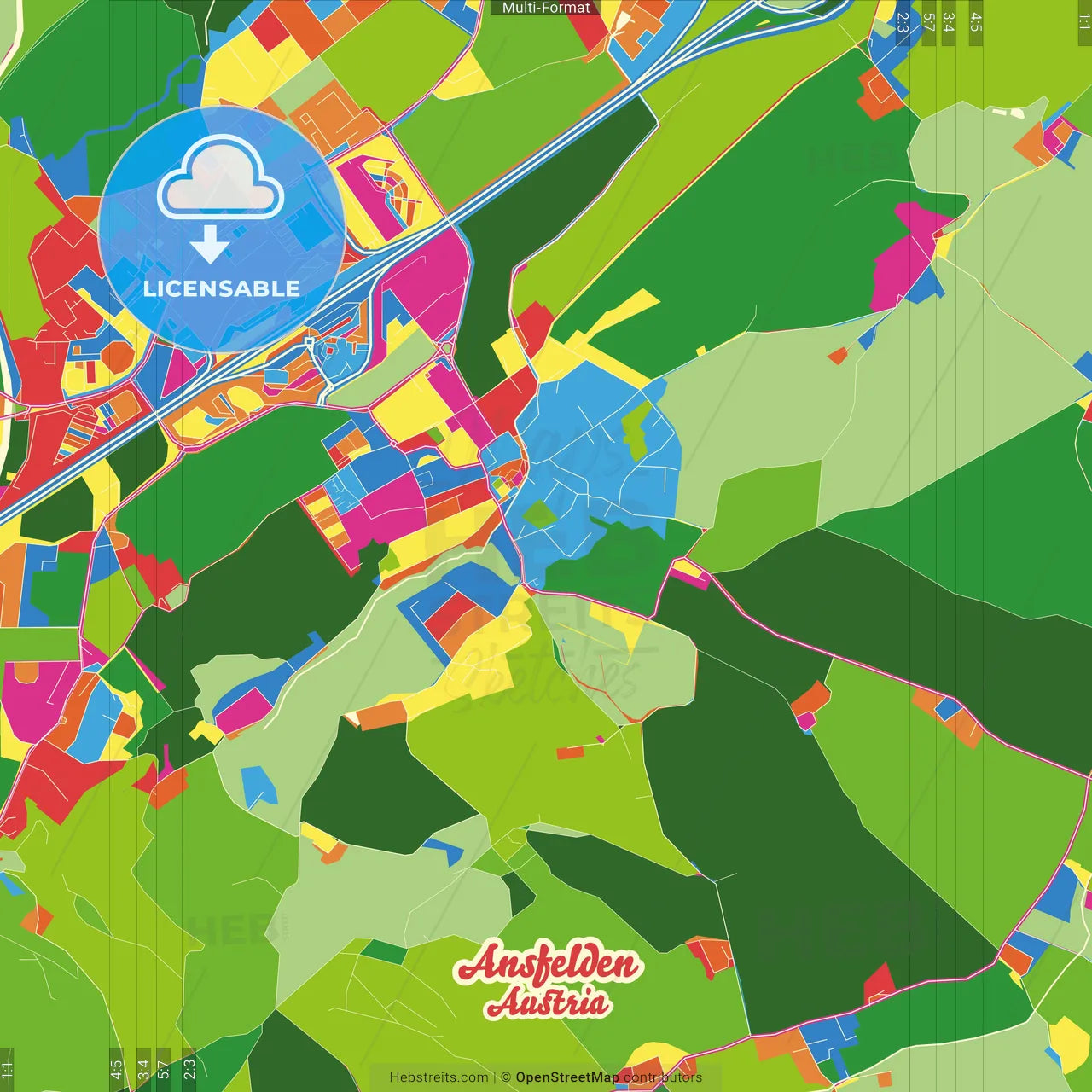 Ansfelden, Upper Austria, Austria Crazy Colorful Street Map Poster Template