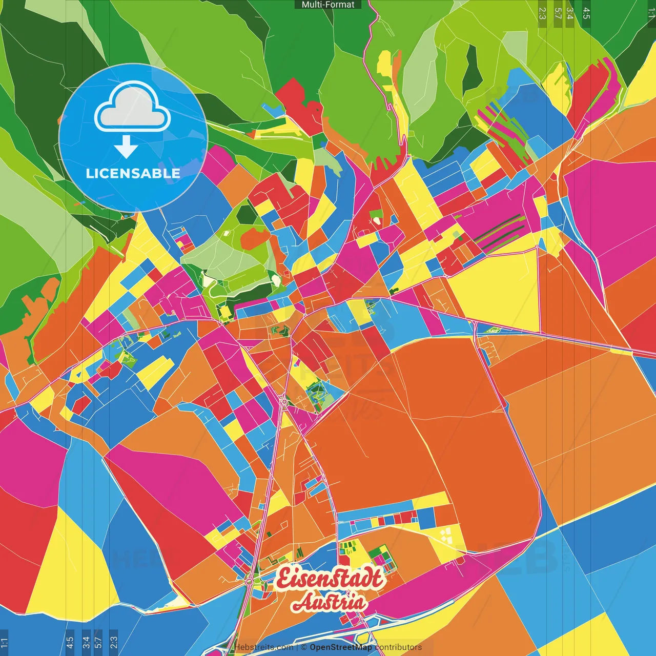 Eisenstadt, Burgenland, Austria Crazy Colorful Street Map Poster Template
