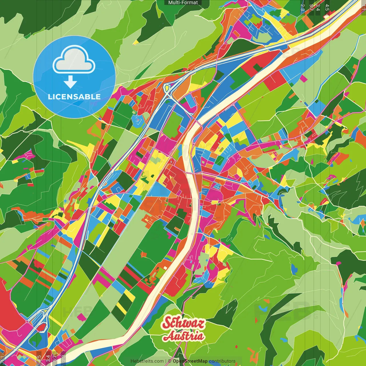 Schwaz, Tyrol, Austria Crazy Colorful Street Map Poster Template