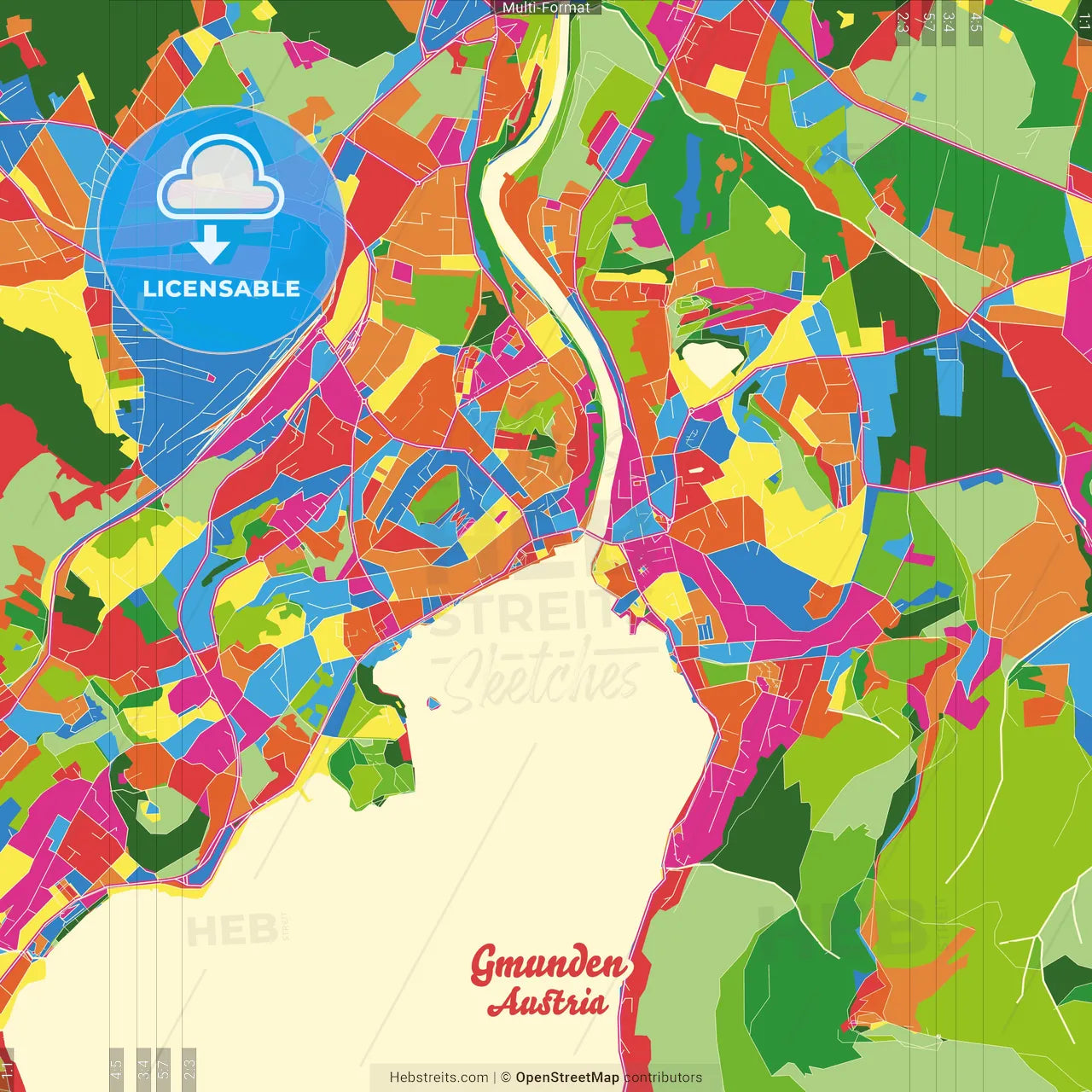 Gmunden, Upper Austria, Austria Crazy Colorful Street Map Poster Template