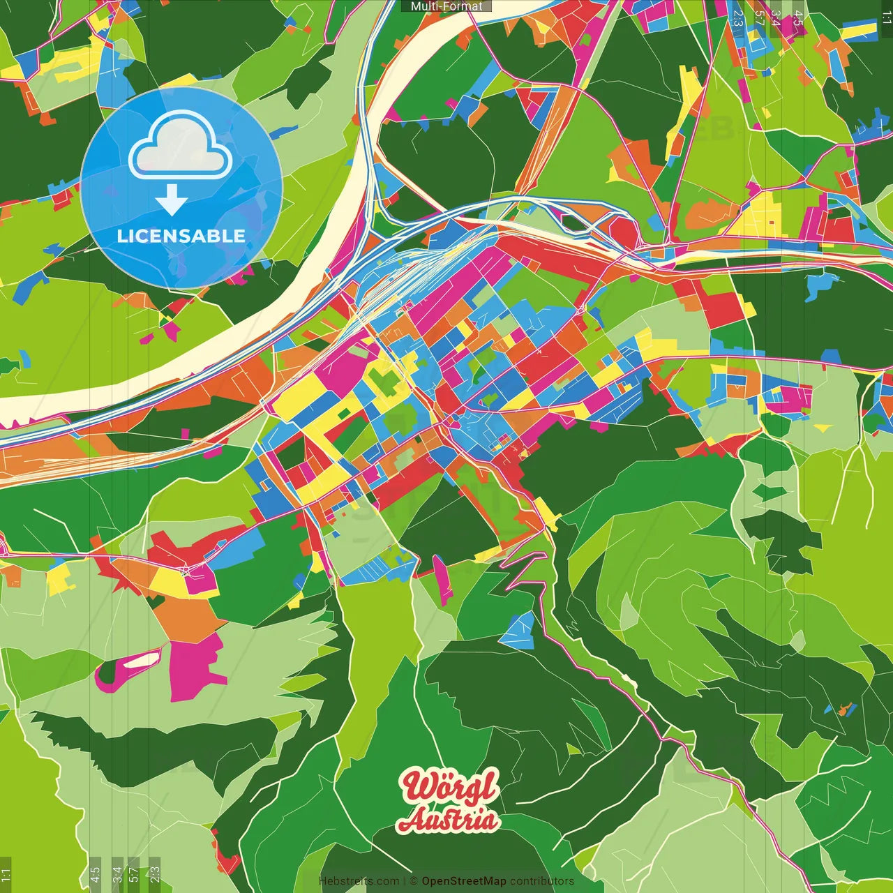 Wörgl, Tyrol, Austria Crazy Colorful Street Map Poster Template