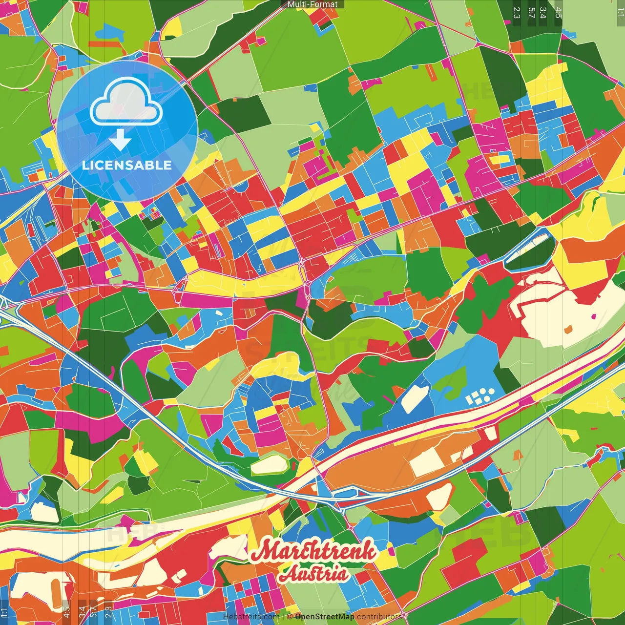 Marchtrenk, Upper Austria, Austria Crazy Colorful Street Map Poster Template