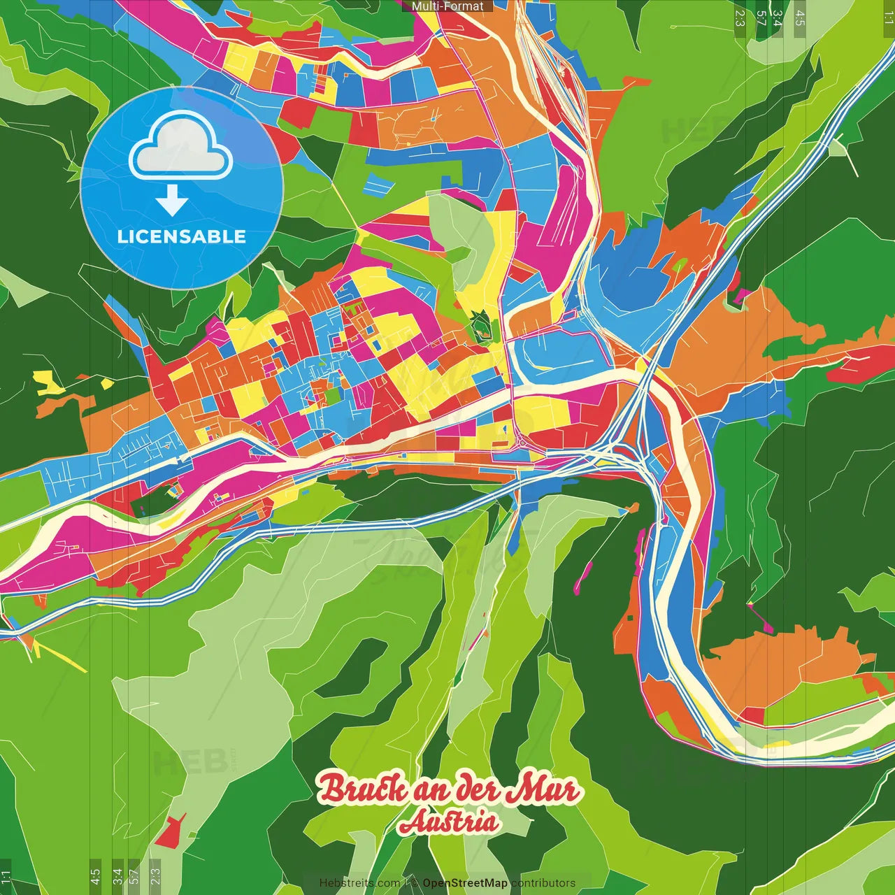 Bruck an der Mur, Styria, Austria Crazy Colorful Street Map Poster Template