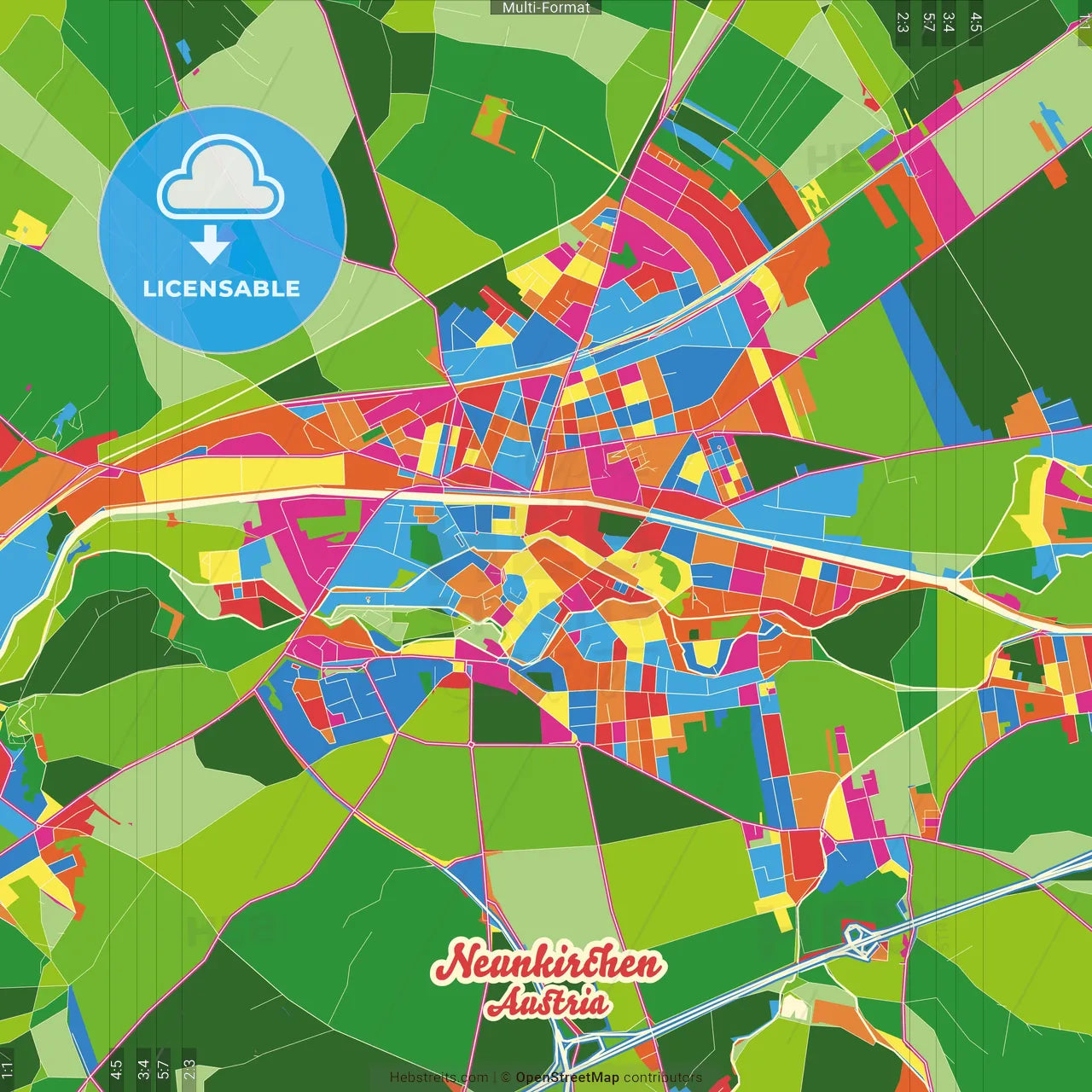 Neunkirchen, Lower Austria, Austria Crazy Colorful Street Map Poster Template