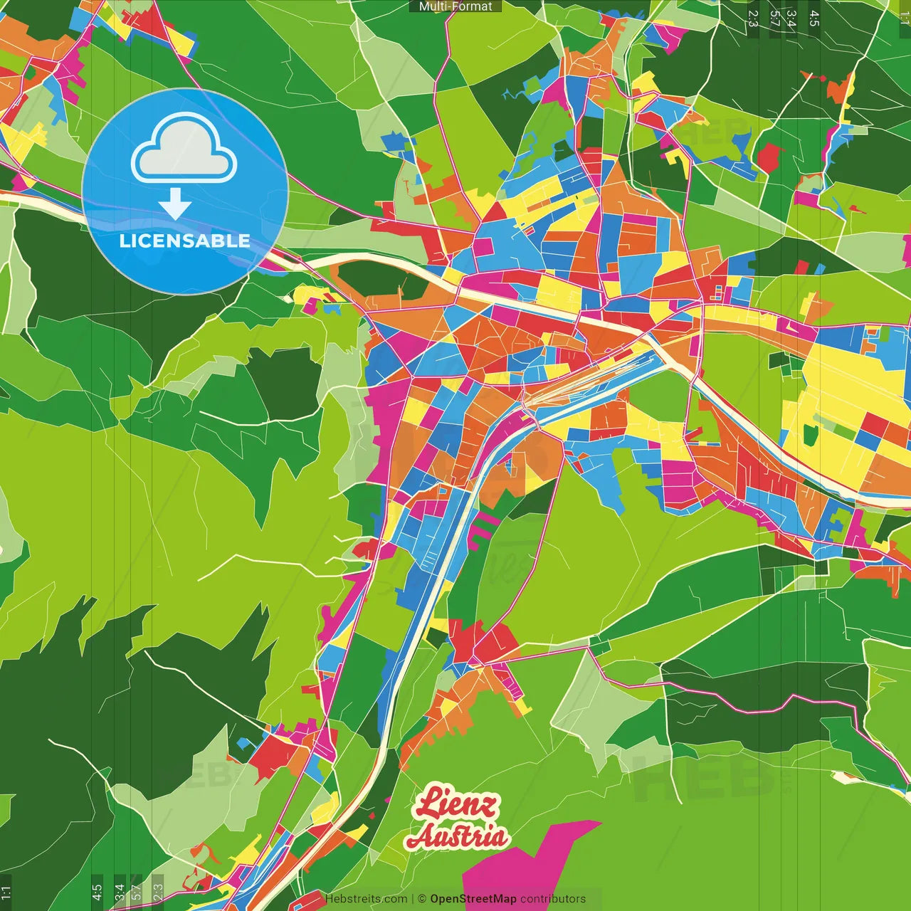 Lienz, Tyrol, Austria Crazy Colorful Street Map Poster Template
