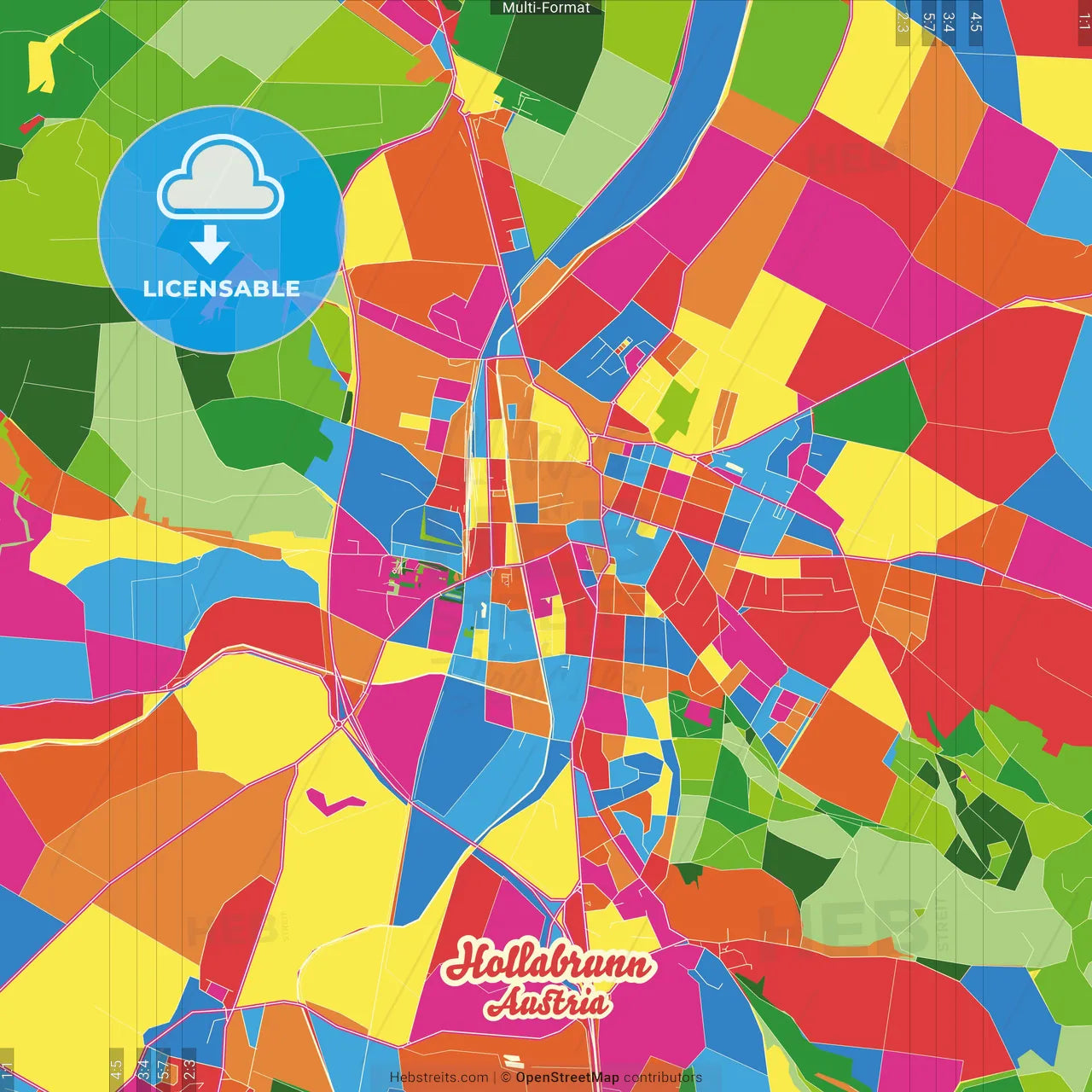 Hollabrunn, Lower Austria, Austria Crazy Colorful Street Map Poster Template