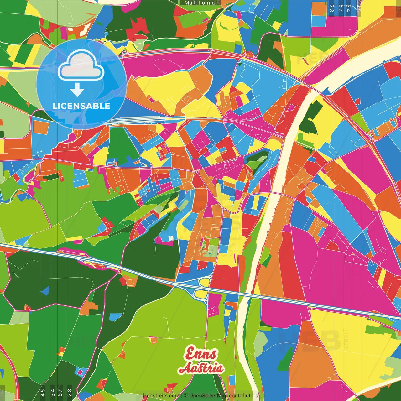 Enns, Upper Austria, Austria Crazy Colorful Street Map Poster Template