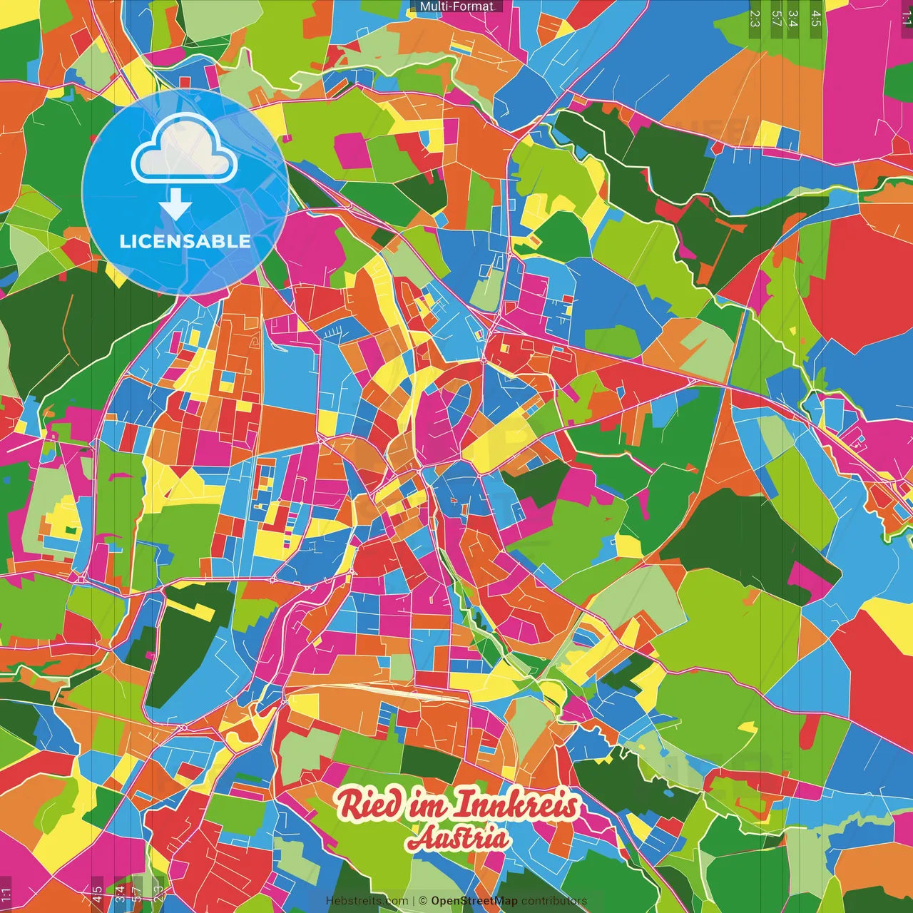Ried im Innkreis, Upper Austria, Austria Crazy Colorful Street Map Poster Template