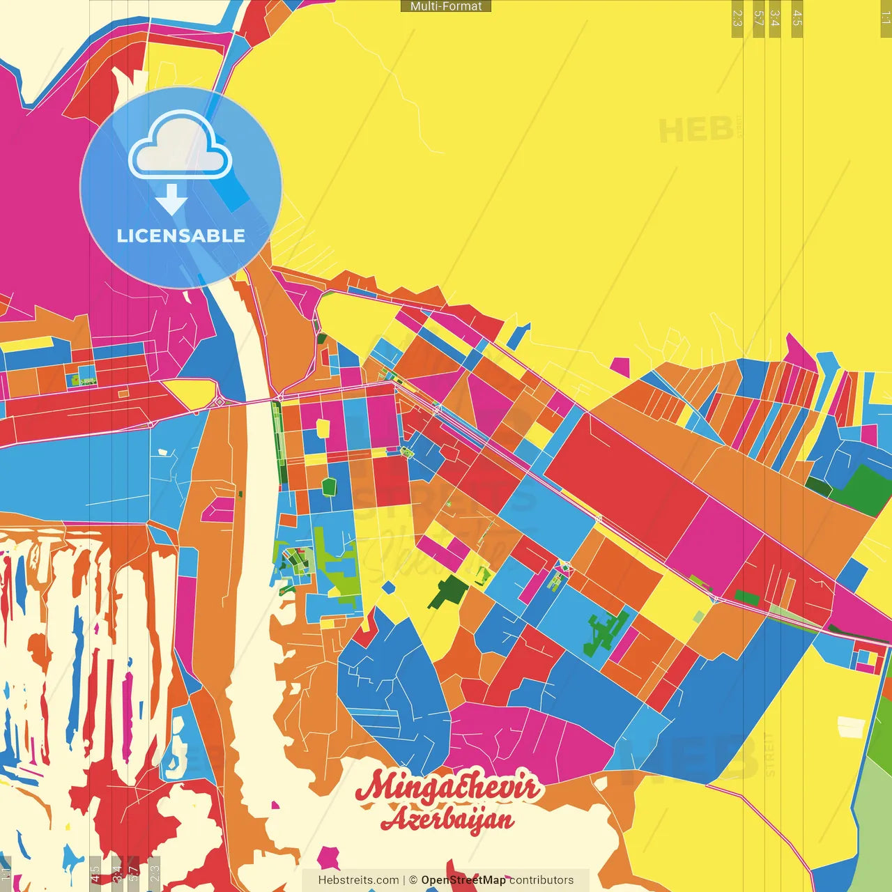 Mingachevir, Azerbaijan Crazy Colorful Street Map Poster Template