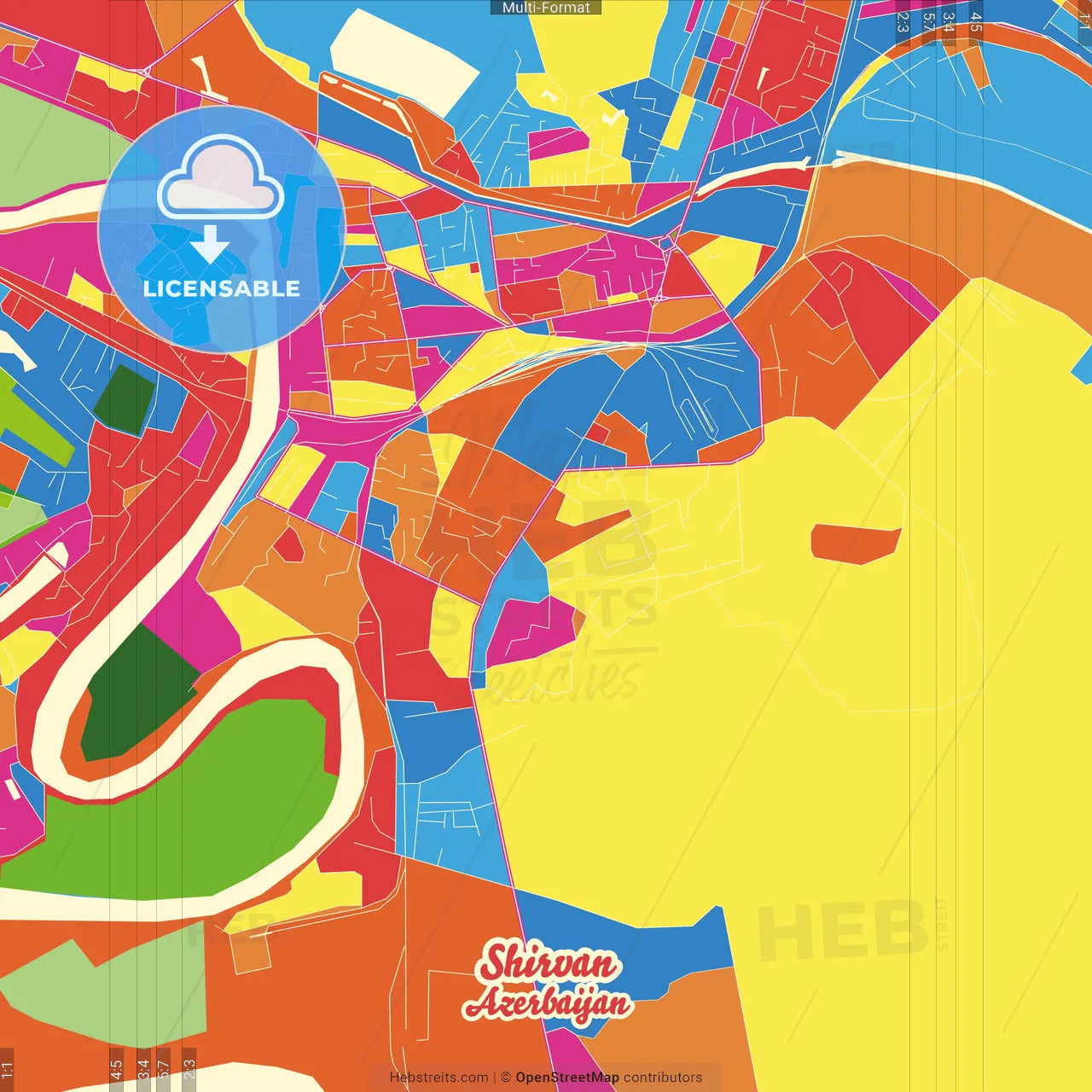 Shirvan, Azerbaijan Crazy Colorful Street Map Poster Template