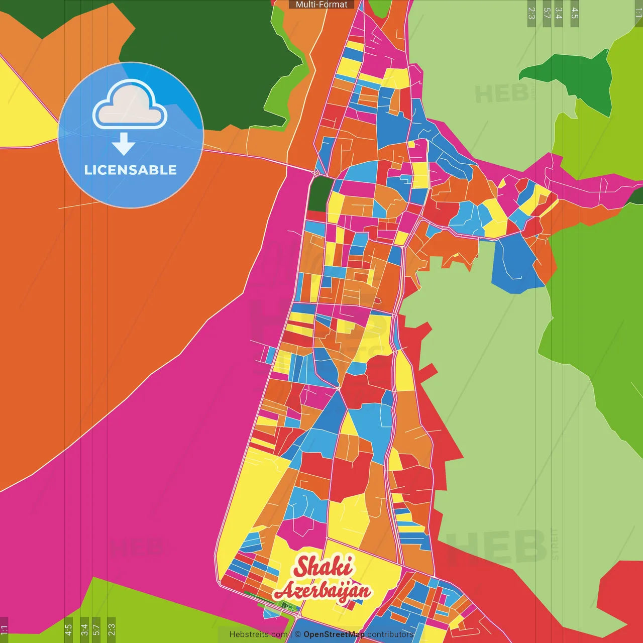 Shaki, Azerbaijan Crazy Colorful Street Map Poster Template