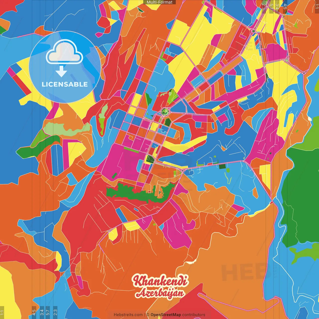 Khankendi, Azerbaijan Crazy Colorful Street Map Poster Template