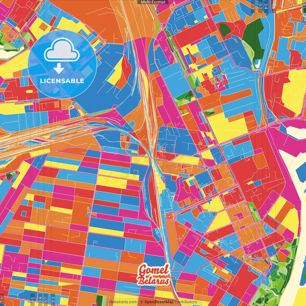 Gomel, Voblasć, Belarus Crazy Colorful Street Map Poster Template