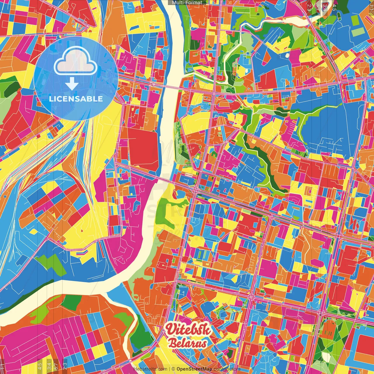 Vitebsk, Voblasć, Belarus Crazy Colorful Street Map Poster Template