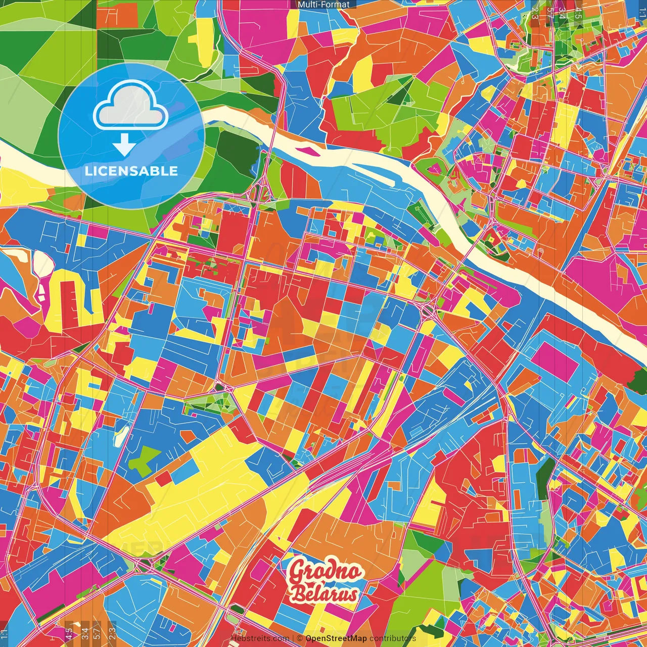 Grodno, Voblasć, Belarus Crazy Colorful Street Map Poster Template