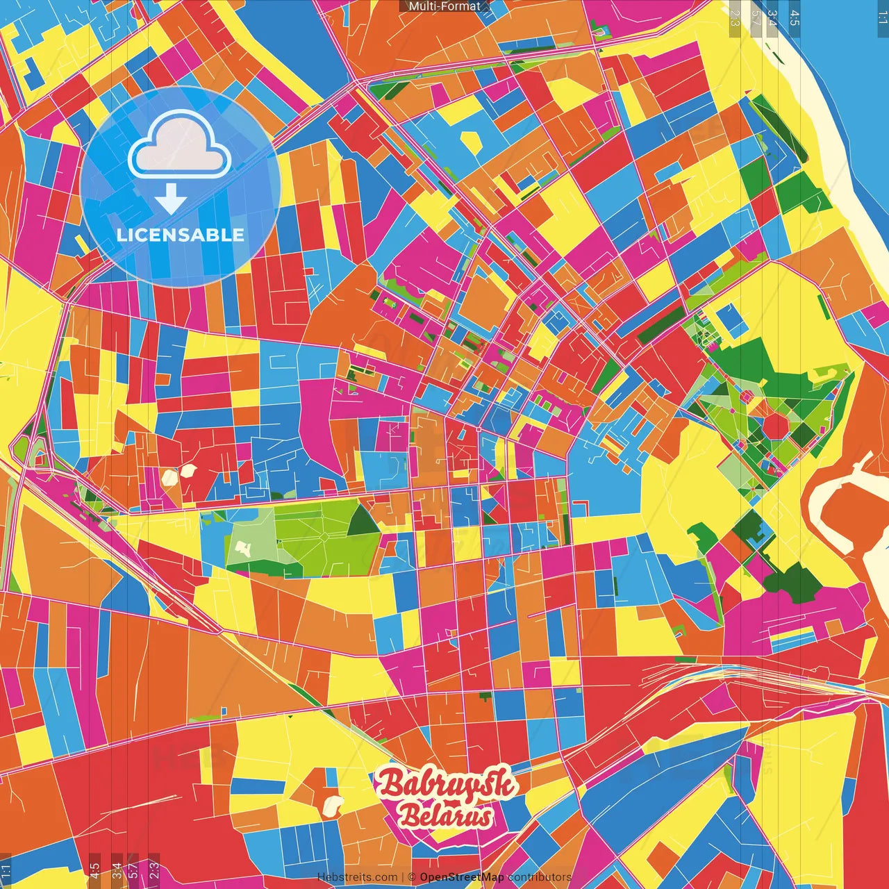 Babruysk, Voblasć, Belarus Crazy Colorful Street Map Poster Template