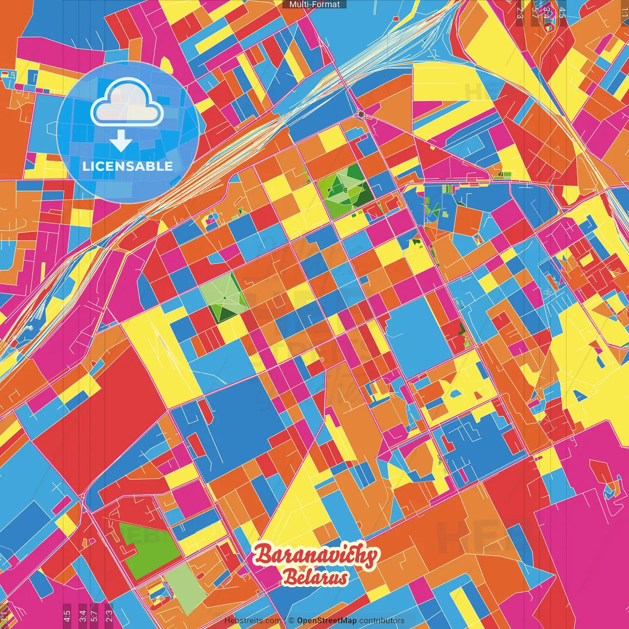 Baranavichy, Voblasć, Belarus Crazy Colorful Street Map Poster Template