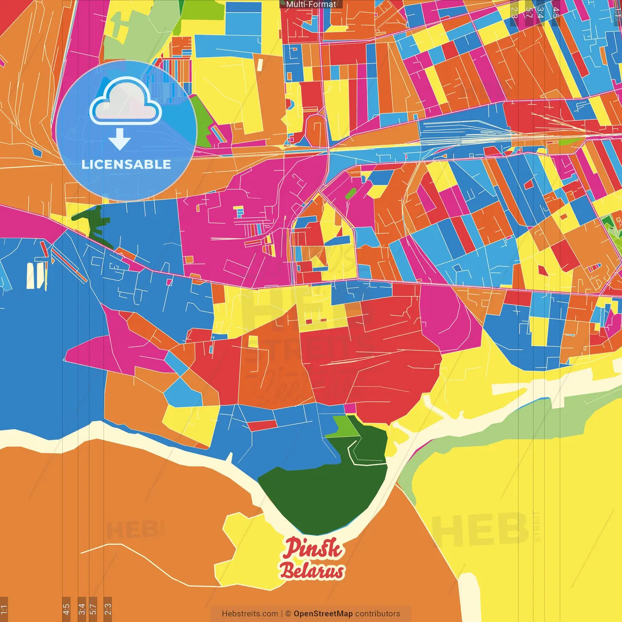 Pinsk, Voblasć, Belarus Crazy Colorful Street Map Poster Template