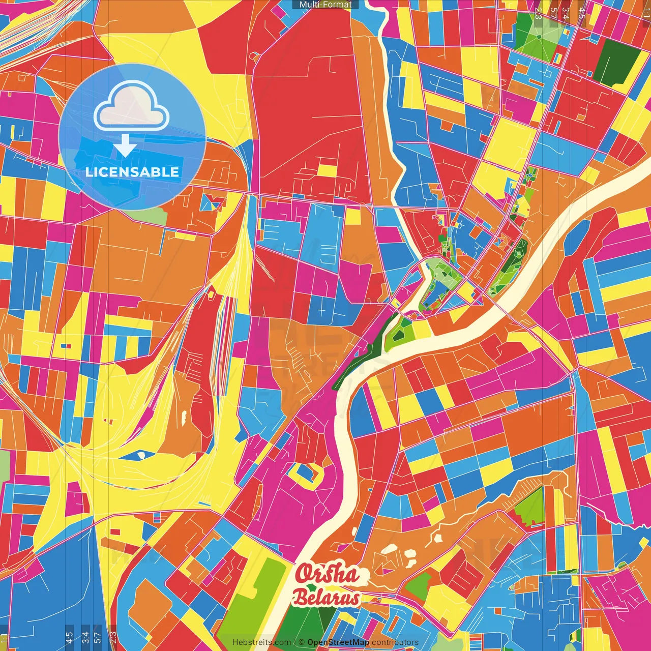Orsha, Voblasć, Belarus Crazy Colorful Street Map Poster Template