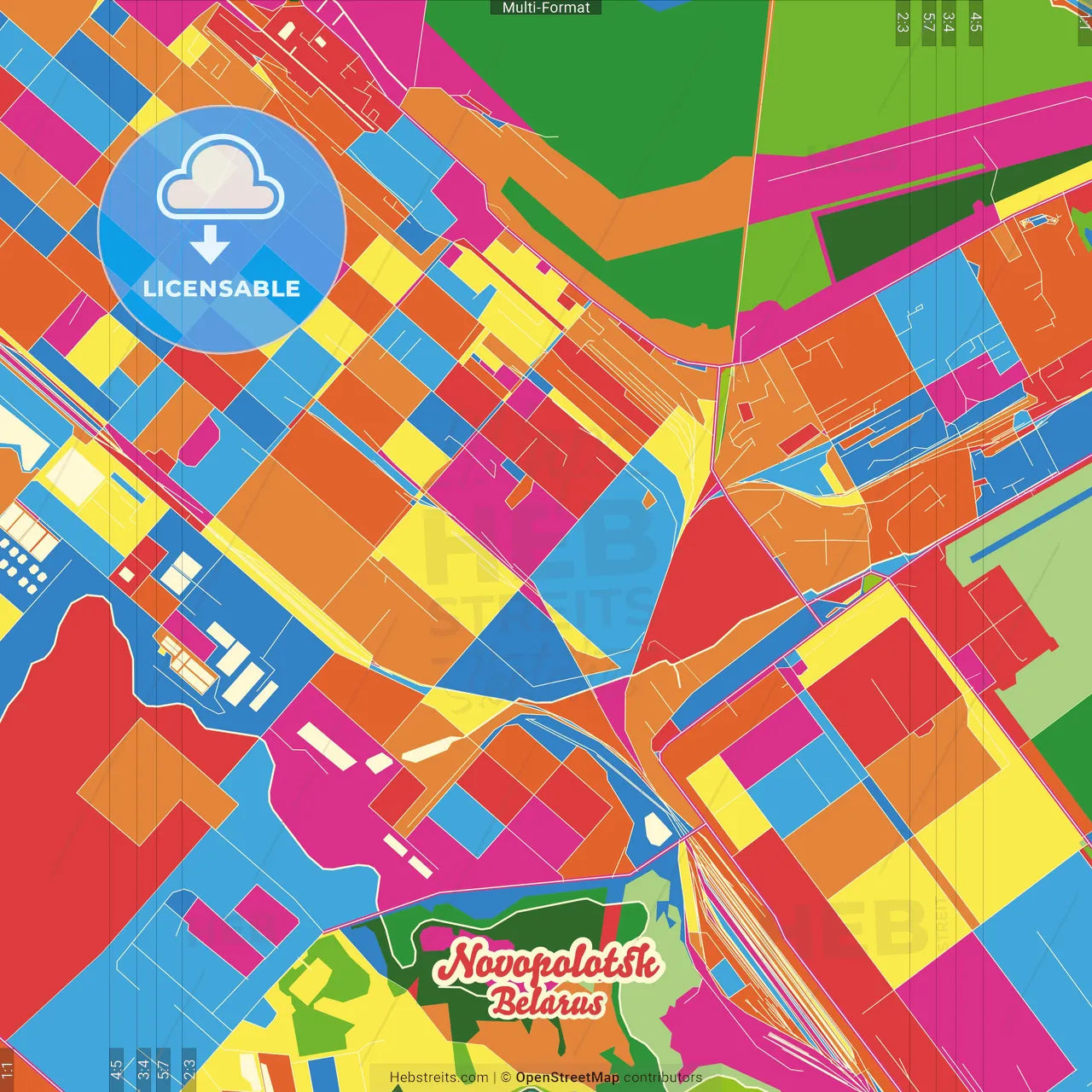 Novopolotsk, Voblasć, Belarus Crazy Colorful Street Map Poster Template