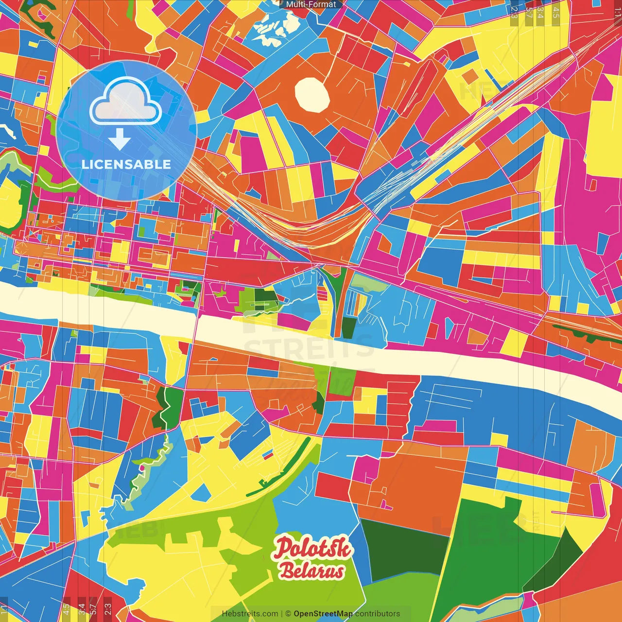 Polotsk, Voblasć, Belarus Crazy Colorful Street Map Poster Template