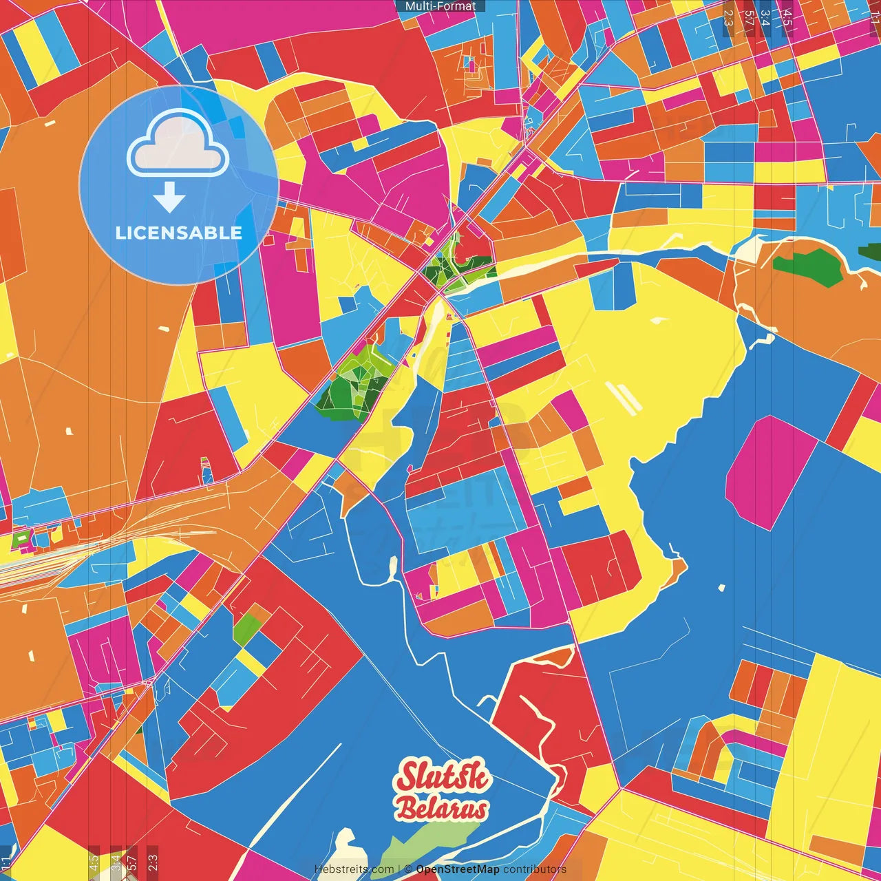 Slutsk, Rajon, Belarus Crazy Colorful Street Map Poster Template
