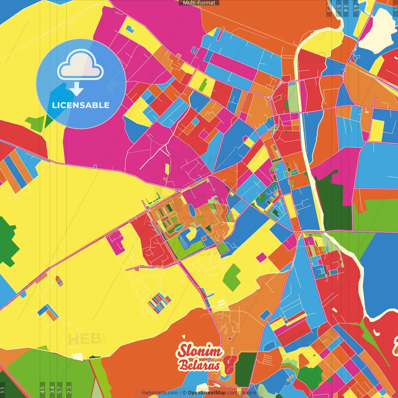 Slonim, Rajon, Belarus Crazy Colorful Street Map Poster Template