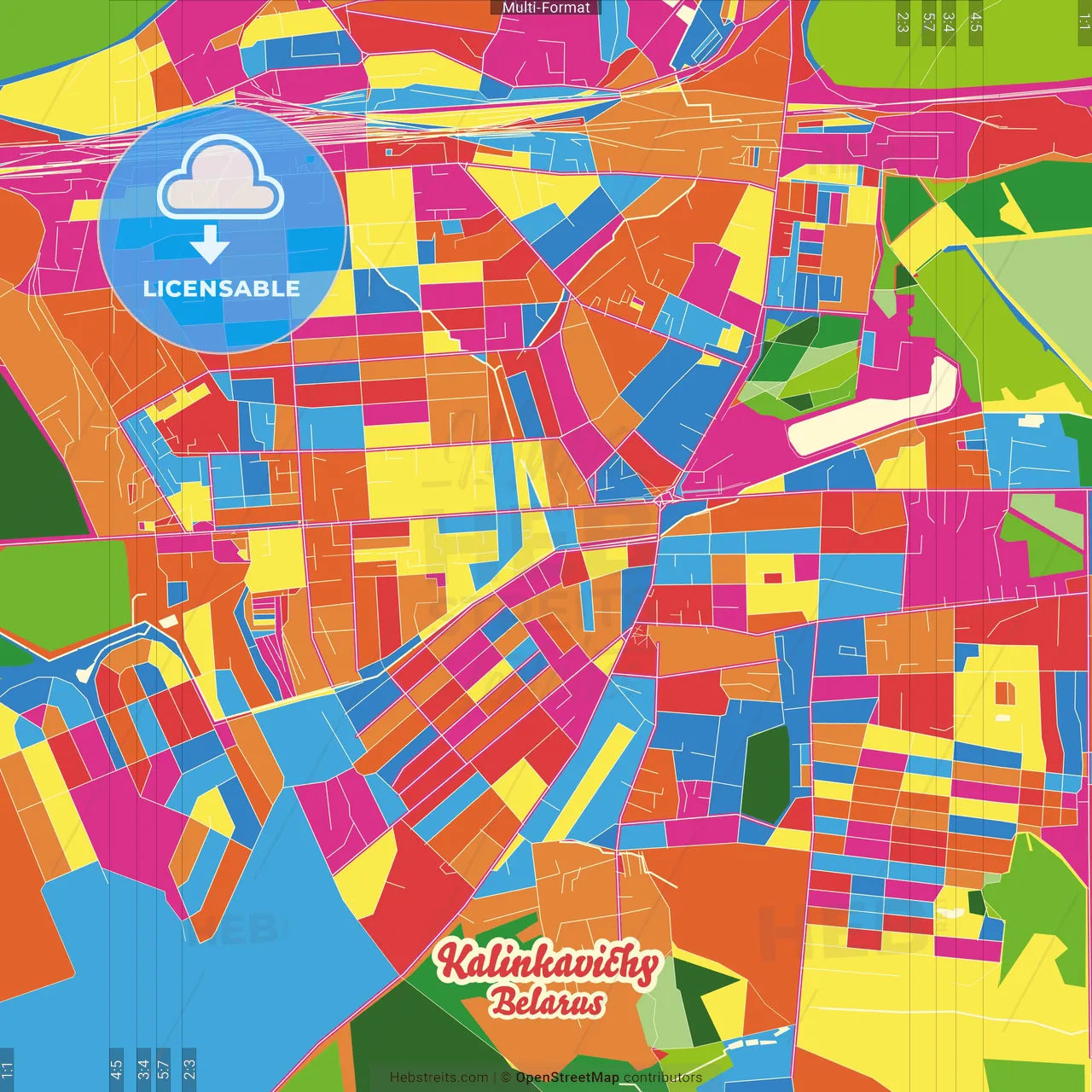 Kalinkavichy, Rajon, Belarus Crazy Colorful Street Map Poster Template