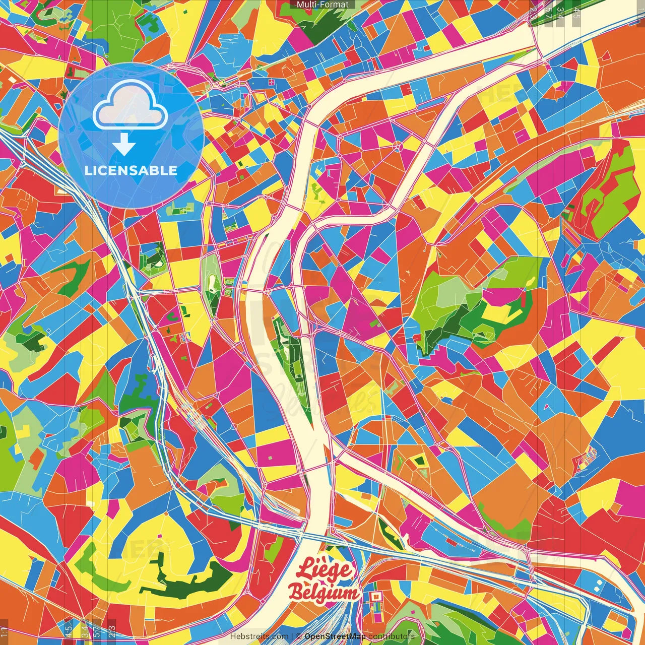Liège, Liège, Belgium Crazy Colorful Street Map Poster Template