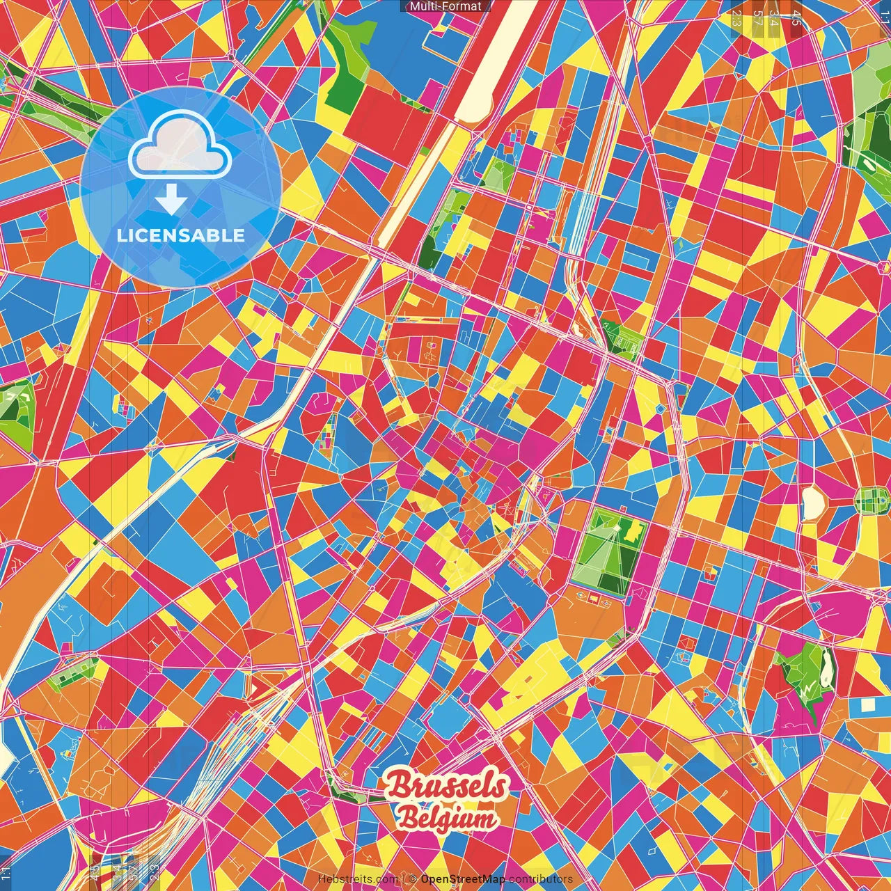 Brussels, Belgium Crazy Colorful Street Map Poster Template