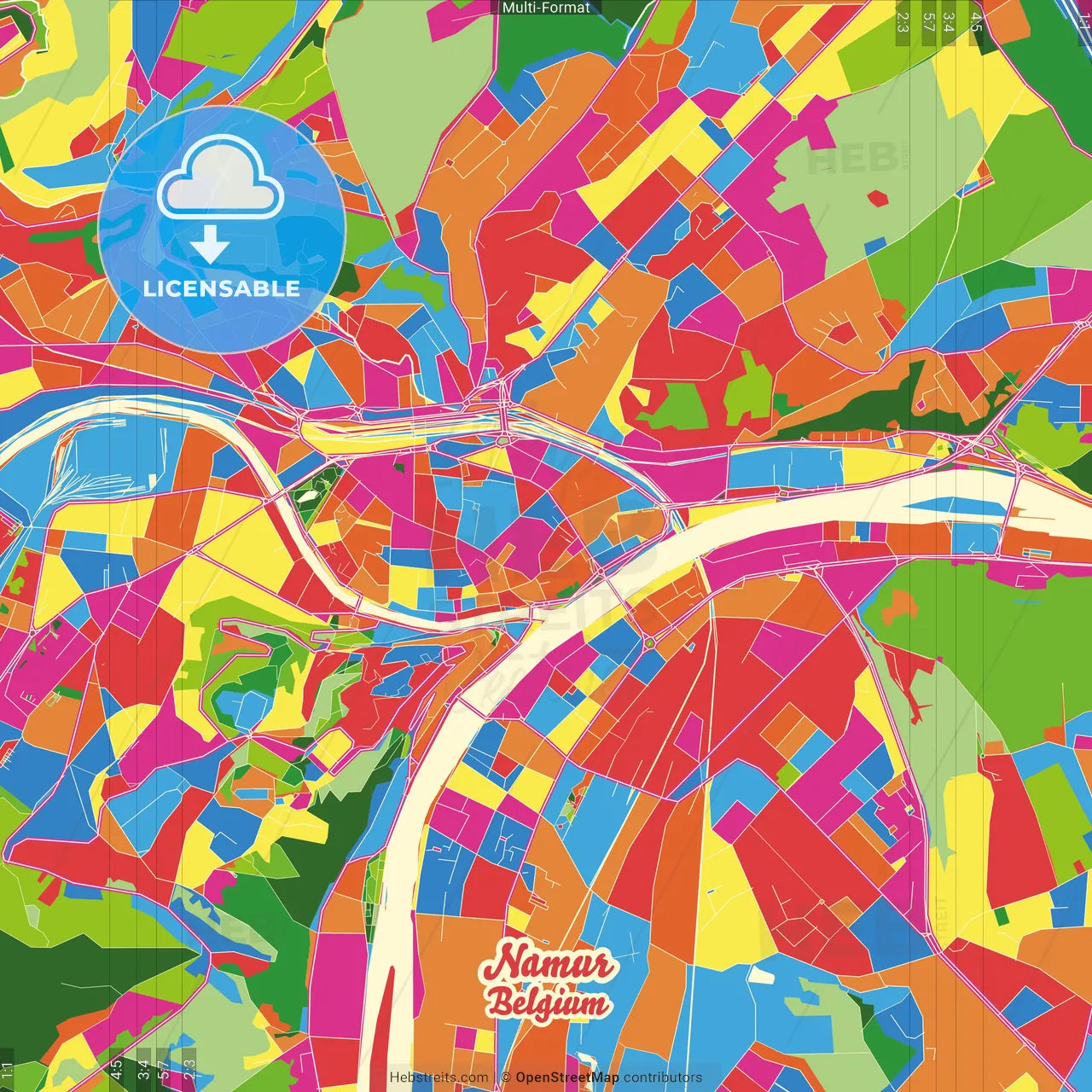 Namur, Namur, Belgium Crazy Colorful Street Map Poster Template