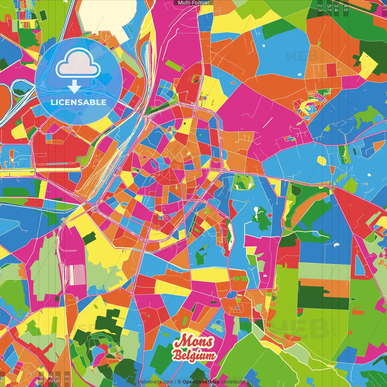 Mons, Hainaut, Belgium Crazy Colorful Street Map Poster Template