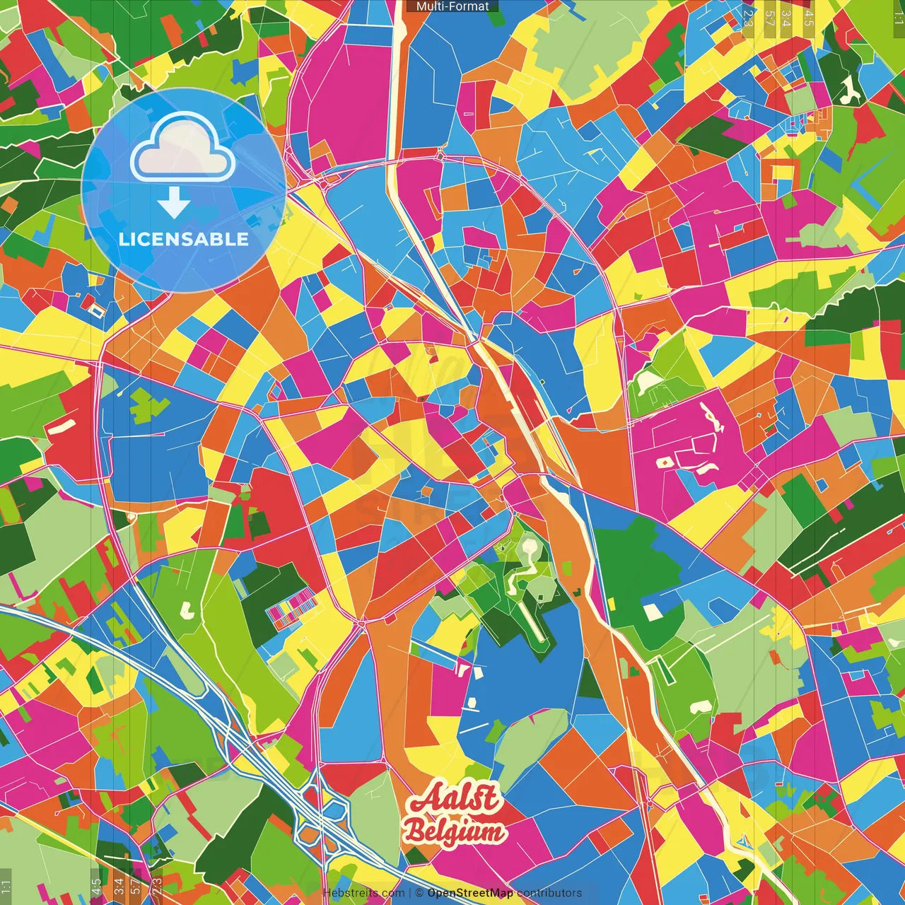 Aalst, East Flanders, Belgium Crazy Colorful Street Map Poster Template