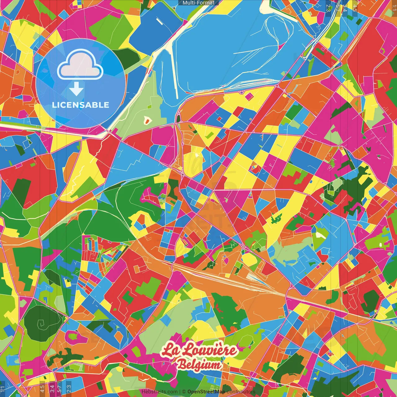 La Louvière, Hainaut, Belgium Crazy Colorful Street Map Poster Template