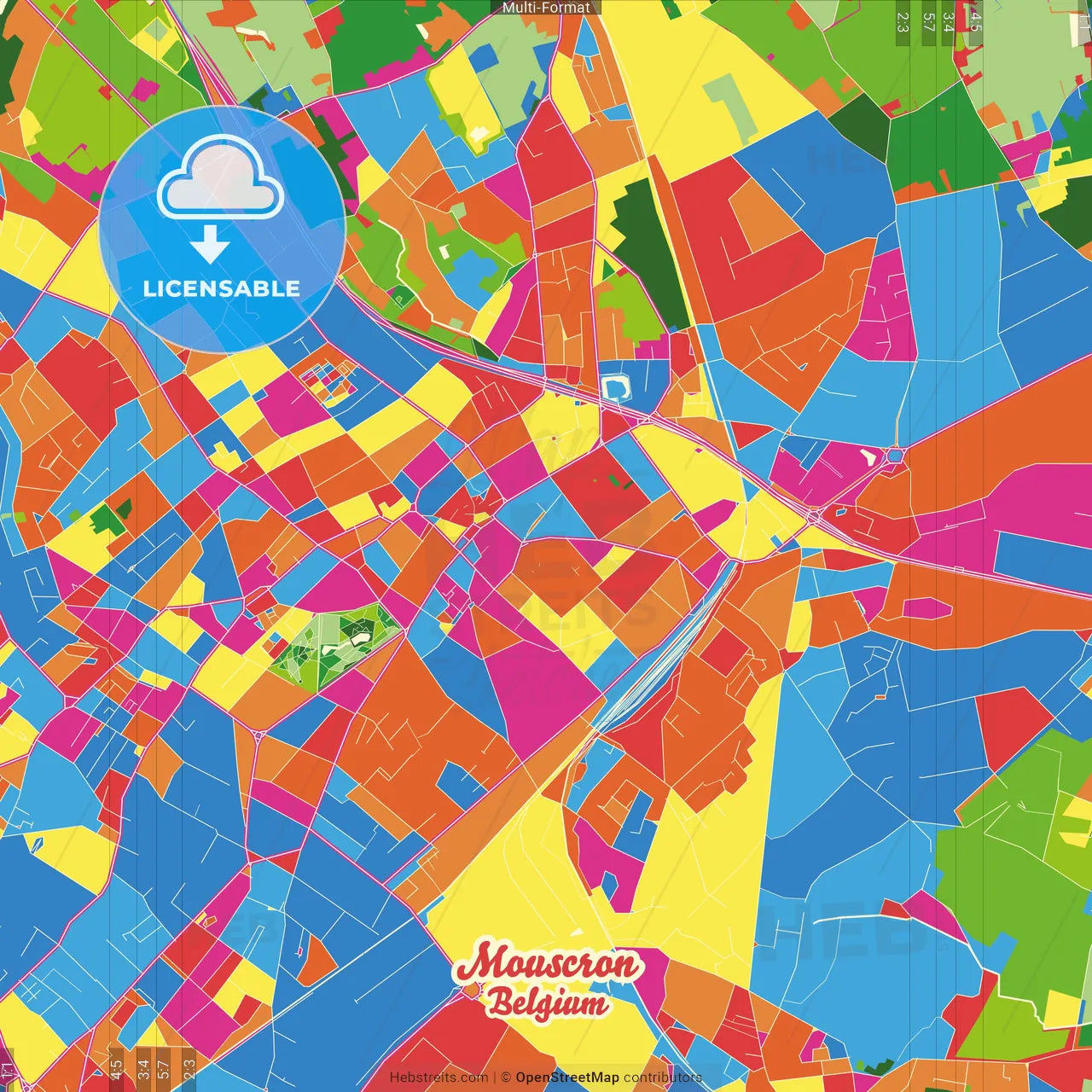 Mouscron, Hainaut, Belgium Crazy Colorful Street Map Poster Template