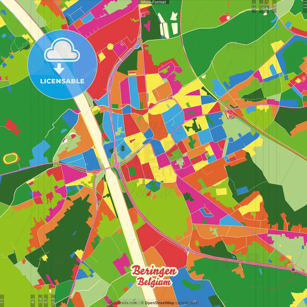 Beringen, Limburg, Belgium Crazy Colorful Street Map Poster Template