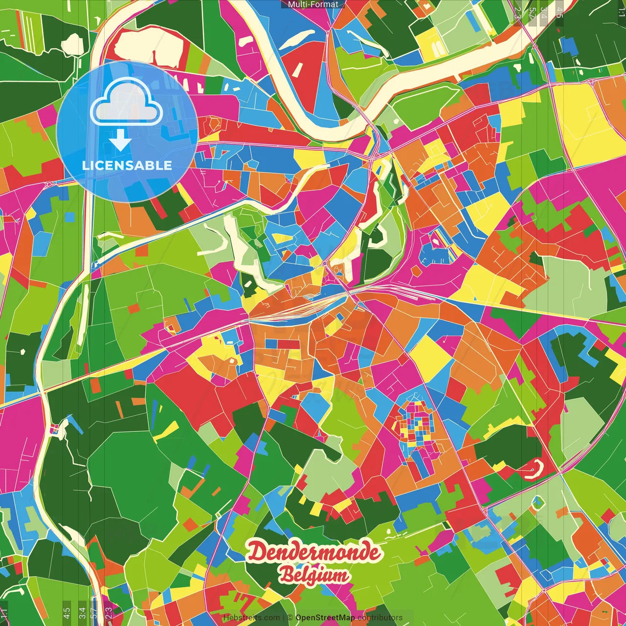 Dendermonde, East Flanders, Belgium Crazy Colorful Street Map Poster Template