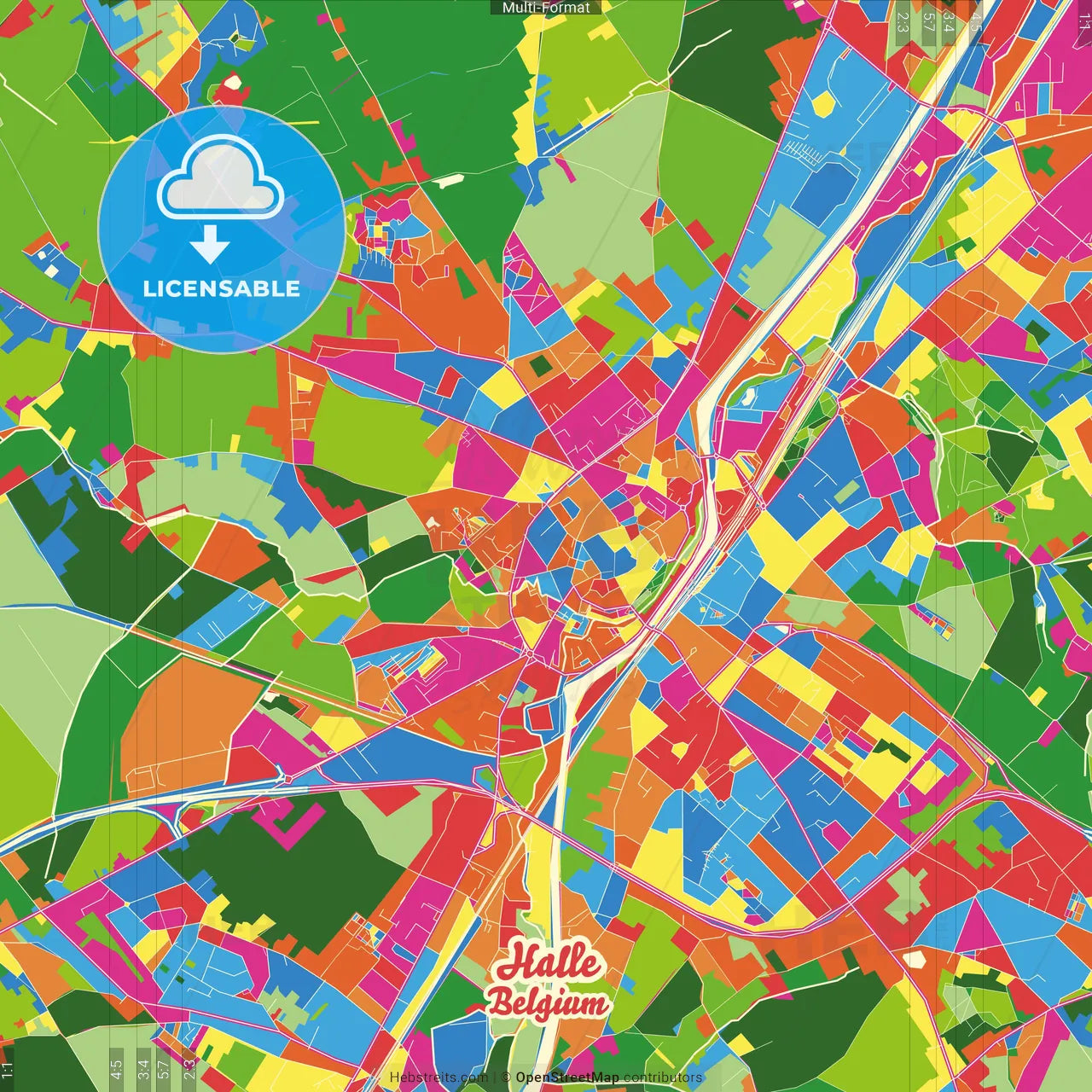 Halle, Flemish Brabant, Belgium Crazy Colorful Street Map Poster Template