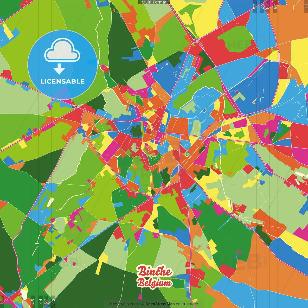 Binche, Hainaut, Belgium Crazy Colorful Street Map Poster Template