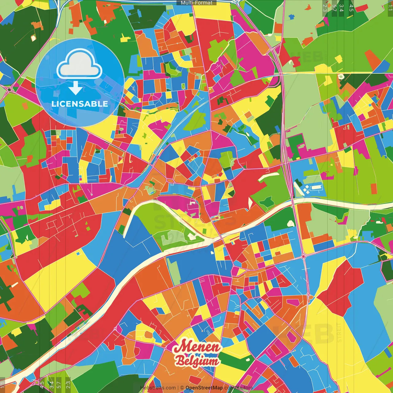 Menen, West Flanders, Belgium Crazy Colorful Street Map Poster Template