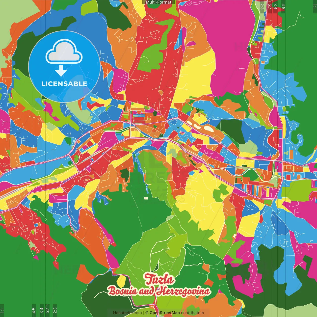 Tuzla, Tuzla Canton, Bosnia and Herzegovina Crazy Colorful Street Map Poster Template
