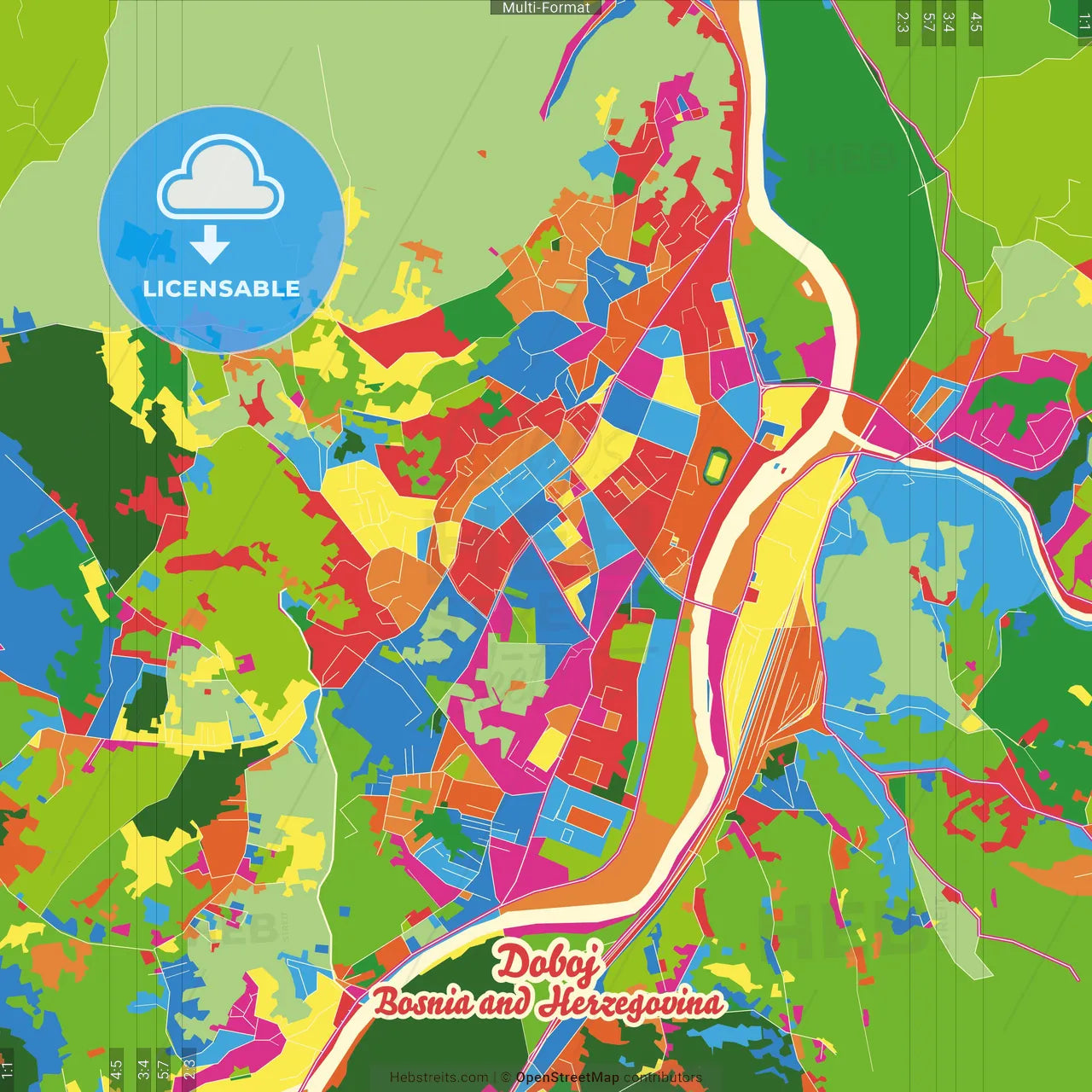 Doboj, Republika Srpska, Bosnia and Herzegovina Crazy Colorful Street Map Poster Template