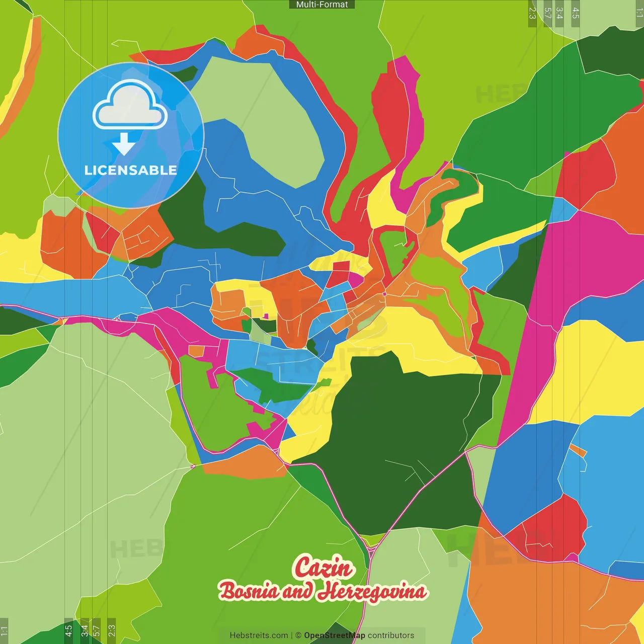 Cazin, Una-Sana Canton, Bosnia and Herzegovina Crazy Colorful Street Map Poster Template