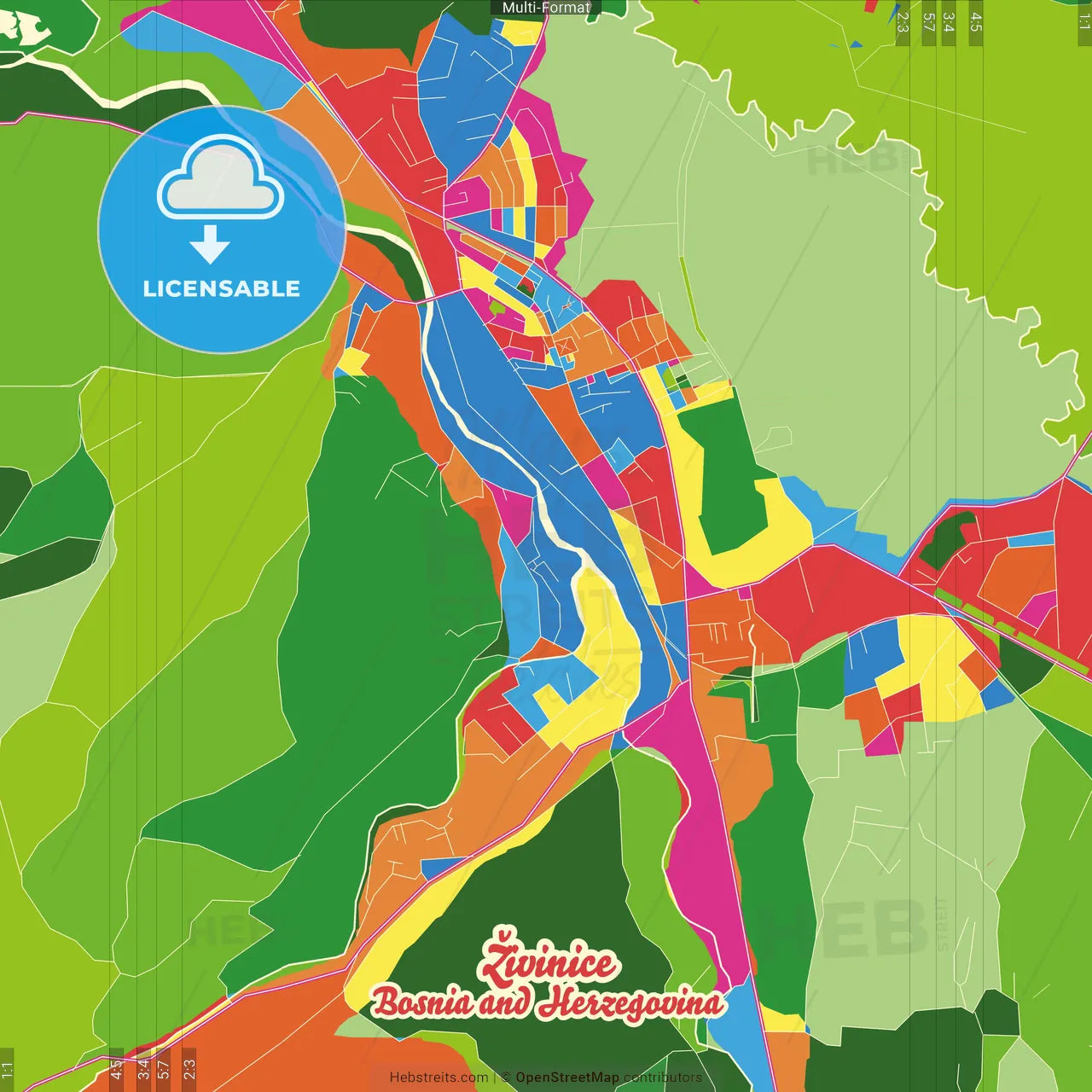 Živinice, Tuzla Canton, Bosnia and Herzegovina Crazy Colorful Street Map Poster Template